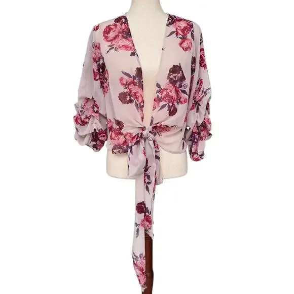 Live 4 Truth Floral Tie Front Kimono Crop Top Boho Puff Sleeve Cardigan XS NWT - Picture 2 of 10